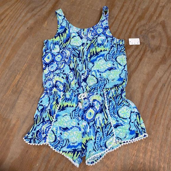 LILLY PULITZER Girls BLUE MULTI-COLOR PRINT SHORT KNIT ROMPER. Size XL (12-14) - Picture 2 of 8